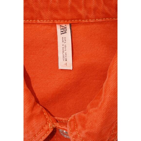 ZARA red Orange Cropped Denim Jacket Women’s Size Large Button Front Long Sleeve - Picture 3 of 7